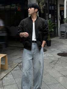 DAZY 男士黑色水洗做旧牛仔夹克，短款，秋冬款 - 黑色 - 查看 4