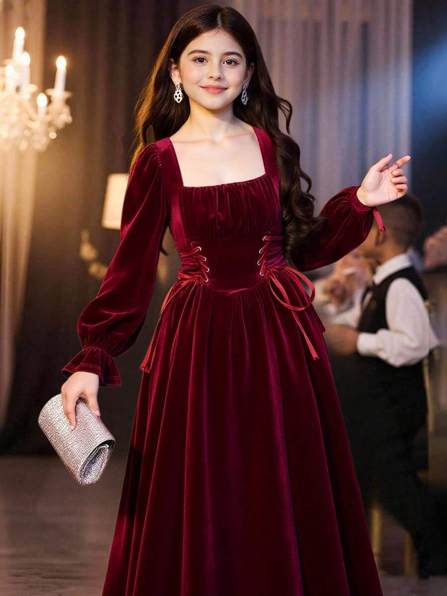 SHEIN Tween Girl 优雅纯色勃艮第方领喇叭袖系带腰部褶皱胸围复古中长连衣裙，适合圣诞节毕业礼服，秋冬优雅复古，适合派对、圣诞节、新年舞会 - 酒紅色 - 查看 1