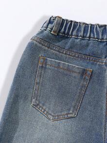 SHEIN Explorewe Quần jeans ống rộng denim xanh giặt cổ điển cho bé gái, quần cạp chun thoải mái, dáng rộng, dễ mặc, phù hợp mặc hàng ngày, đi chơi, đi biển, dự tiệc - Rửa tối - Xem 3