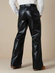 Manfinity Nomadique Men's Loose Straight Casual Solid Color Leather Pants - Black - View 2