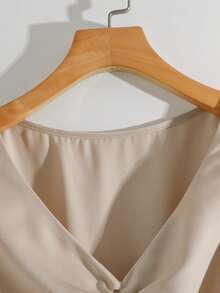 SHEIN Franclia Áo cánh nữ cổ chữ V, tay dài, xếp ly vai và vải dệt, mặc hàng ngày, phong cách thời trang - Rượu sâm banh - Xem 4