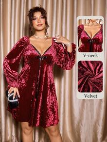 Cravure Váy nhung cỡ lớn dành cho nữ, Thu/Đông mới, Cổ áo kiểu Trung Hoa, Tay áo xòe bồng, Váy chữ A, Thích hợp cho các buổi tụ họp ngày lễ, Thanh lịch & Tinh tế - Màu Đỏ Sâu - Xem 1
