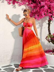 Vivid Eden 女士露背吊带镂空A字印花休闲度假连衣裙 - 粉色 - 查看 8