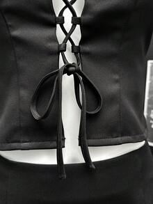 EgrlEra Conjunto de 2 peças feminino: top frente única com decote nas costas e saia com fenda. - Preto - Ver 4