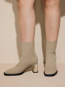 CUCCOO CURVES Women's Fashionable Elegant Commuter Thick High Heel Boots - Beige - View 4