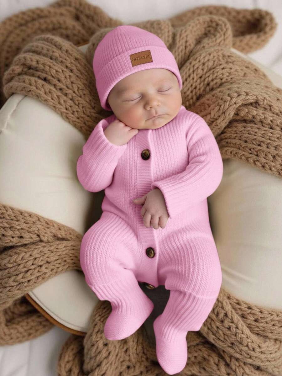 Newborn Baby Girl Cute Knitted Jumpsuit, Footie & Hat Set, Versatile For Autumn/Winter - Pink - View 1