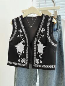 Franclia Chaleco informal con abertura frontal y bordado floral para mujer - Negro - Ver 3