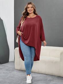 SHEIN CURVE+ 大码宽松蝙蝠袖下摆不对称前短后长T恤，圆领，纯色，弹力柔软，舒适百搭，时尚百搭，适合日常穿着，秋季女装，冬季，加大码/秋冬 - 中紫紅色 - 查看 8