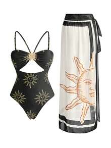 Swim Oasis Conjunto de 2 piezas de traje de baño de una sola pieza y falda larga de playa con estampado romántico de sol y decoración de metal en estilo bohemio elegante para vacaciones en la playa - Multicolor - Ver 1