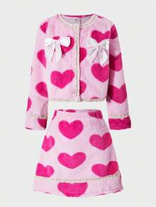 SHEIN Hot Pink,Winter,Cute,Wedding Guest Girls' Two Pieces Suit,Heart-Patterned Fuzzy Jacket And Skirt Set,Gold Button,Ribbon Bow Knot,French Chic Outfit - Pink - View 8