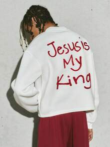 PAVTROS Manfinity Streetrush 男士街头风流行INS搭配。男士街头服饰，男士时尚高领拉链套头卫衣，运动套装，刺绣，保暖舒适内衬，街头风格，男友礼物，耶稣卫衣，耶稣宗教耶稣卫衣 - 白色 - 查看 6