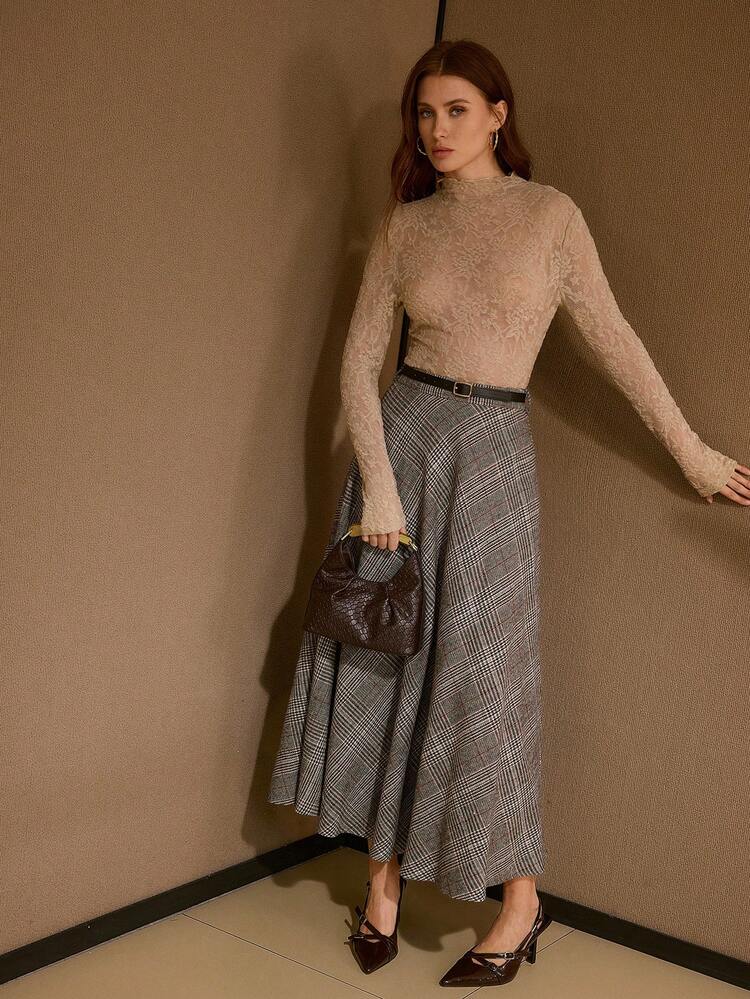 WOMEN'S HOUNDSTOOTH PLAID PRINT BELTED FLARE SKIRT, AUTUMN/WINTER