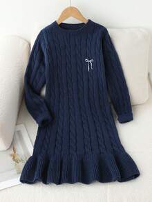 SHEIN 少女刺绣花卉圆领毛衣连衣裙，时尚、优雅、可爱蝴蝶结抽绳编织套头裙 - 藏蓝色 - 查看 7