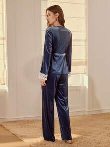 MOTF PREMIUM VELVET CASUAL CONTRAST LACE TOP & PANTS LOUNGE SET - Violet Purple - View 3