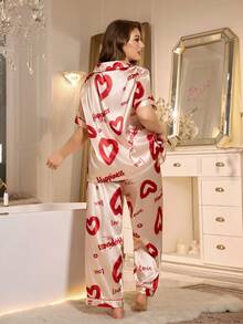 MuseNap CURVE Plus Size Women Sleepwear Set, Elegant Luxurious Sweet Heart Print Satin Short Sleeve Pants Suit Heart Pajama Set Satin Pajama Set - Red - View 3