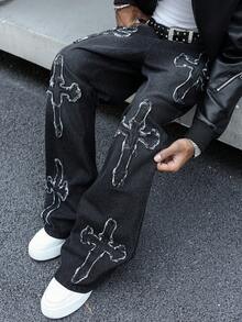 GALLERY FADE Jeans en denim gris foncé style casual de rue avec patch brodé pour hommes - Gris foncé - Voir 8