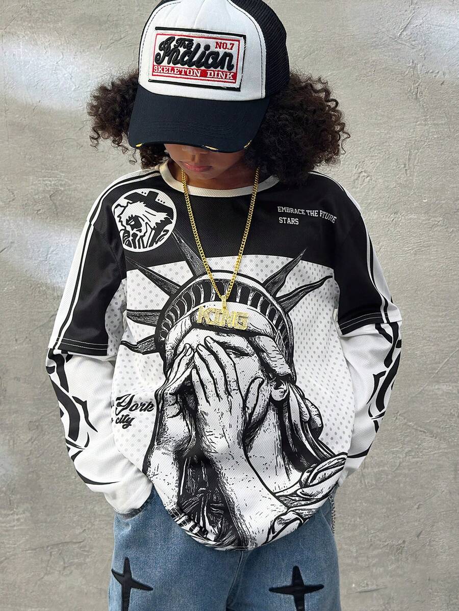 Coolane Kids Tween Boys' Winter Casual Letter Print Round Neck 2 In 1 Long Sleeve  Black T-Shirt For Autumn,Christmas/New Year/Thanksgiving/Party/Elegant/Chic, Boys Hip Hop Clothing, Kida Graphic Tees, Kids Streetwear - Black and White - View 1