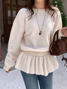 DAZY Women's Round Neck Ruffle Patchwork Reversible Long Sleeve Sweater, Autumn/Winter - Beige - View 2