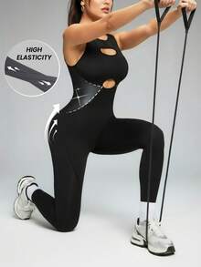 Innovista 女士纯色镂空无袖连体裤，黑色运动连体裤 – 无袖一体式运动连体裤，内置胸罩和可拆卸胸垫，塑形弹力面料，亮面PU腰部拼接，透气网眼后背镂空设计 | 露背收腹运动连体裤，适合瑜伽、普拉提、健身房、高强度间歇训练、跑步、骑行和户外训练 | 高品质日常休闲运动连体裤，简约Y2K风格 - 黑色 - 查看 4