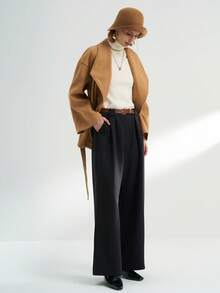 Airaco Damen einfarbige plissierte Taschen Weite Bein Lässige Hose - Schwarz - Übersicht 2