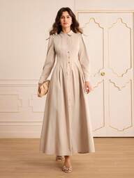 Lilora Women's Solid Color Puff Sleeve Single-Breasted Pleated Design Elegant Dress Spring Outfit Women Elegant And Fashionable