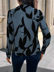 SHEIN LUNE Women's Botanical Print Bubble Long Sleeve Single-Breasted Casual Shirt - Blue - View 2