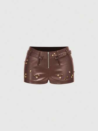 Grunge Punk Shorts mini de piel sintética de cintura ultra baja, estilo punk con remaches metálicos y sexy
