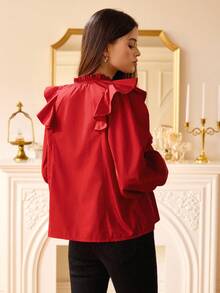 Revavyn High-End Elegant Red French Ruffle Layered Decor V-Neck Floral Collar Design Solid Color Women Blouse - Red - View 2
