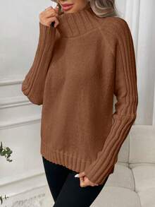 SHEIN LUNE Solid Color High Neck Raglan Sleeve Loose Casual Knit Pullover Sweater - Rust Brown - View 3