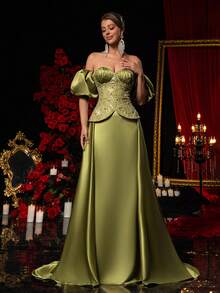 Glamrae This Elegant And Captivating Military Green Sequined Embroidered Dress Is Crafted From Luxurious Satin Fabric, Featuring A Strapless Design With Ruffled Puff Sleeves And A Flowing Fishtail Hem. Perfect For Dates, Parties, Bachelorette Parties, Formal Occasions, Weddings, And Elaborate Evening Gowns. - Army Green - View 5