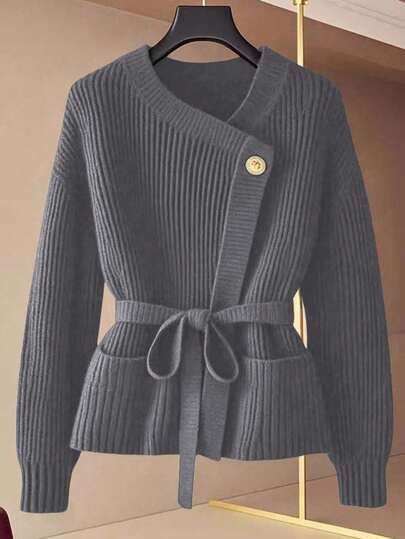 GlowEve Nuevo cárdigan de cuello en V para mujer, estilo europeo y americano de bloqueo de color, elegante y minimalista, parte superior de punto de moda