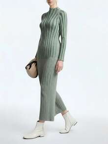 SHEIN LUNE Women's Autumn/Winter New High Neck Fitted Elegant High-Quality Slim Fit Versatile Daily/Commute Long Sleeve Knit Sweater Dress - Green - View 3
