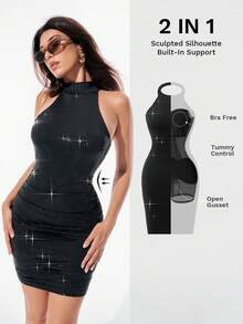 Nuvra Women's Sleeveless Double-Layer Tummy Control Shapewear Slip Dress With Lining, Waist Cinching, Butt Lifting Mini Bodycon Dress - Black - View 9