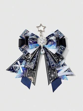 Anime 1pc Blue & Black Kawaii Sweet Cute Romantic Bow, Y2K Star Print Christmas Snowflake Handmade Bow Keychain, Lolita Fairy Kei Minimalist Fashion Accessory, Can Be Hung On Bags Or Pants