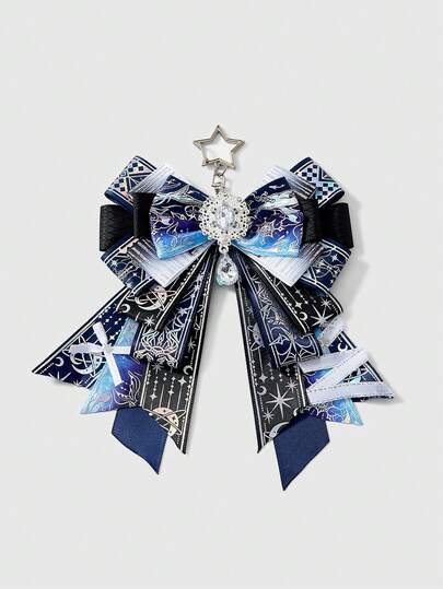 Anime 1pc Blue & Black Kawaii Sweet Cute Romantic Bow, Y2K Star Print Christmas Snowflake Handmade Bow Keychain, Lolita Fairy Kei Minimalist Fashion Accessory, Can Be Hung On Bags Or Pants