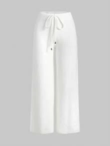 ROMWE Kawaii 1 Conjunto de Mujer con Suéter Rasgado de Encaje en los Tirantes y Pantalones de Pierna Ancha, Ropa de Estar por Casa Cómoda y Casual - Beis - Ver 5