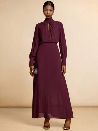 SHEIN Veneréa Vestido elegante de manga farol con detalle de torsión en unicolor para mujer