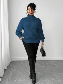 Elenzga Plus Size Women's Solid Color Turtleneck Knit Pullover Sweater, Versatile For Daily Wear, Winter - Royal Blue - View 6