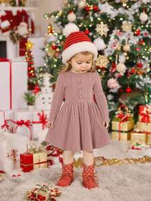 1 Piece 1SHEIN Cute Baby Girl Casual And Elegant Green Round Neck Dress With Grab Stripes Suitable For Birthday Parties, Evening Parties, Performances, Weddings, Baptisms, Opening Ceremonies Suitable For Daily Use Suitable For Travel Suitable For Autumn And Winter Seasons - Dusty Pink - View 5