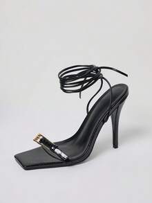 MUSERA Sandalias de tacón con tiras negras, hebilla dorada y punta cuadrada para mujer para Navidad - Negro - Ver 4