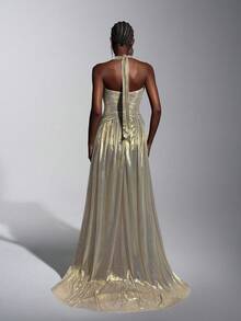 Elitara 优雅奢华酒红色亮片金银线手工褶皱装饰围巾吊带方领扭结装饰A字型飘逸长裙女士正式晚礼服 - 米色 - 查看 2