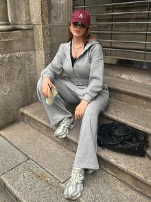 SHEIN EZwear 大码女式纯色落肩长袖拉链连帽衫和运动裤休闲两件套，秋冬款 - 香檳色 - 查看 7