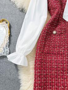 GlowEve 女士连衣裙，别致的白色衬衫搭配迷你粗花呢连衣裙，时尚休闲灵感，完美优雅，适合情人节和新年