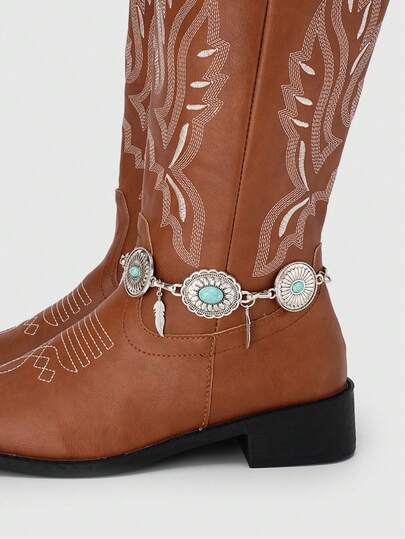 Fairycore 1pc Bohemian Style Embossed Turquoise Shoe Chain Pendant, Vintage Fashion Shoe Accessory, Suitable For Autumn/Winter To Enhance Mysterious Vibe