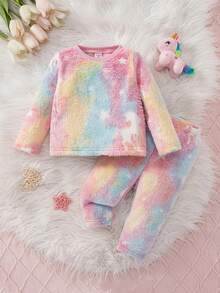 SHEIN Babygirl Cute Fluffy Cartoon Pattern Long Sleeve Pajama Set, Autumn/Winter - Pink - View 3