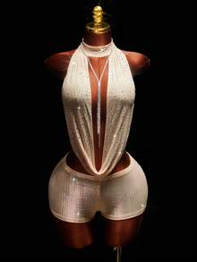 Amplova Mesh Deep Draped Neck Halter Backless PU Patchwork Bodysuit Sexy Outfits For Club - Pale Yellow - View 4