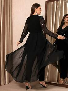 Gownix Curvy Plus-Size Women's Romantic And Elegant Party Jumpsuit, Black V-Neck With Sheer, Shimmering Silver-Stamped Mesh, Lantern Sleeves, Fitted Waist, Cape Style, Long Length, Made Of High-Quality, High-Elasticity Knit Fabric,Formal Jumpsuits For Women, New Year Women's Clothes , New Year Look , Elegant Dresses For Party , Curvy Party Dresses,Going Out ,Graduation Dress For Women ,Long Graduation Dress , Elegant Long Ball Gown , Prom Dresses For Women , Formal Ball Gowns For Women , Prom Dress Plus Size,Sparkly Dress ,Sequin Dress,Night Out,Date Night Outfits Women,Mother Of The Bride Dresses For Wedding,Formal Dresses For Women ,Luxury Dress,Chic Evening Dress ,Black Formal Dress For Women/Winter,Christmas And New Year,Party,2025 New,Elegant Party Dress,Women's Formal Wear ,Christmas,New Year,Hanksgiving Outfit For Women,Elegant Dresses For Women, Stylish Clothing Collection Valentine's Day Outfit - Black - View 8