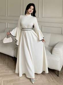 Celisse Váy xòe tay loe viền tương phản dự tiệc thanh lịch dành cho nữ - Màu be - Xem 6