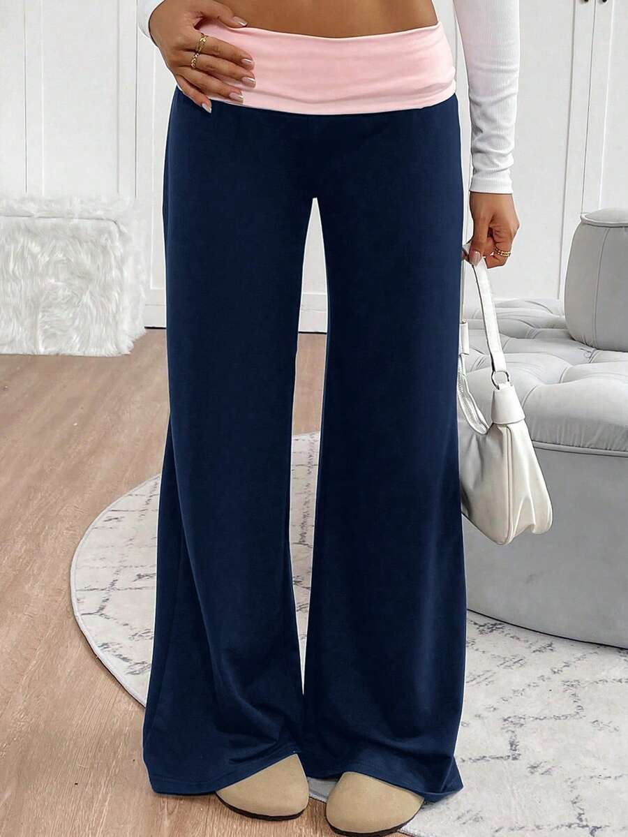 Teen Girls' Contrast Color Patchwork Knit Wide Waist Loose Fit Flare Pants, Comfortable Casual Versatile Trousers