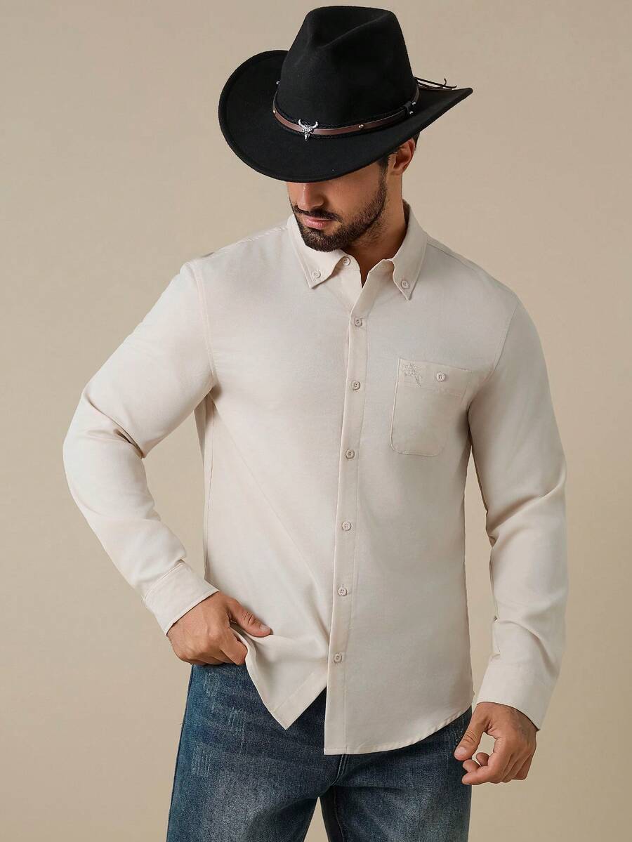 Manfinity Nomadique Men's Long Sleeve Embroidered Pocket Casual Commuter Shirt,Light Beige,Autumn,Hiking,Western Cowboy Tops,Cream Nude Old Money Style,Outdoor Travel - Apricot - View 1